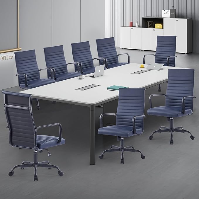 Haranuo Office Chair, Ergonomic Executive Conference Room Chairs, Ribbed Leather Desk Chair with Lumbar Support, Adjustable Height Mid-Back Swivel Chair with Padded Seat