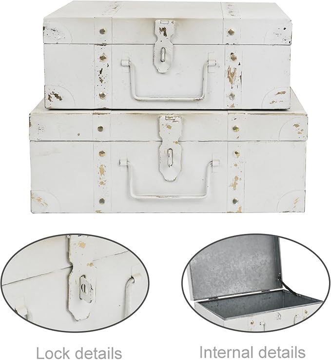 Vintage Metal Storage Trunks - Set of 2, Antique Decorative Storage Chests with Lids, Decorative Suitcase Boxes, Vintage Suitcases for Keepsakes and Home Decor, White