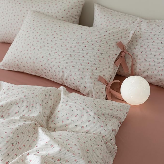 Pink Flower Duvet Cover Twin Vintage Floral Pink Stripes Duvet Cover Cotton Floral Blossom Comforter Cover Cottagecore Bedding Sets with 2 Bowknot Pillowcases Girls Botanical Floral Duvet Cover Set