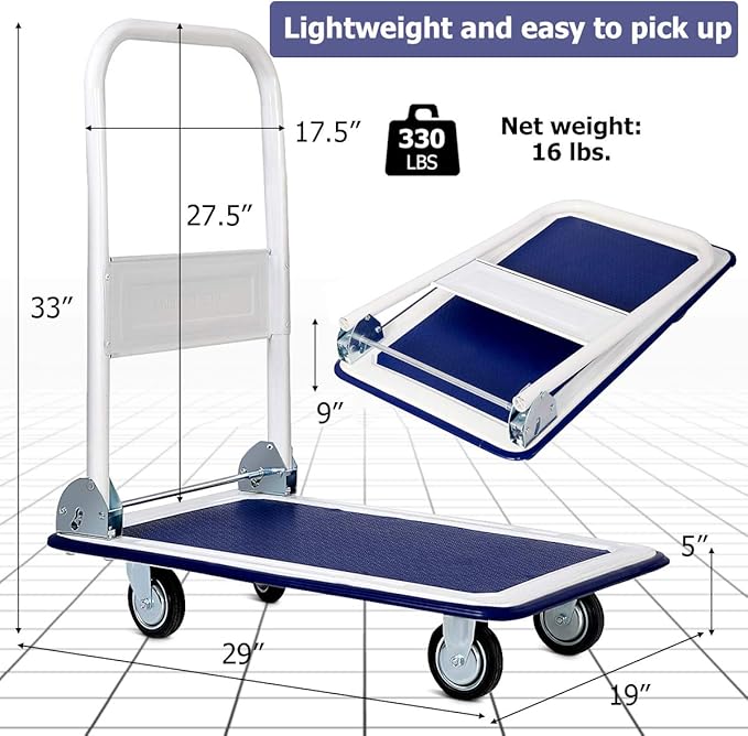 S AFSTAR Folding Push Cart Dolly, Rolling Platform Cart for Garage Warehouse, Portable Flatbed Cart with Non-Slip Swivel Casters (330Lbs Load-Bearing Capacity, Blue)