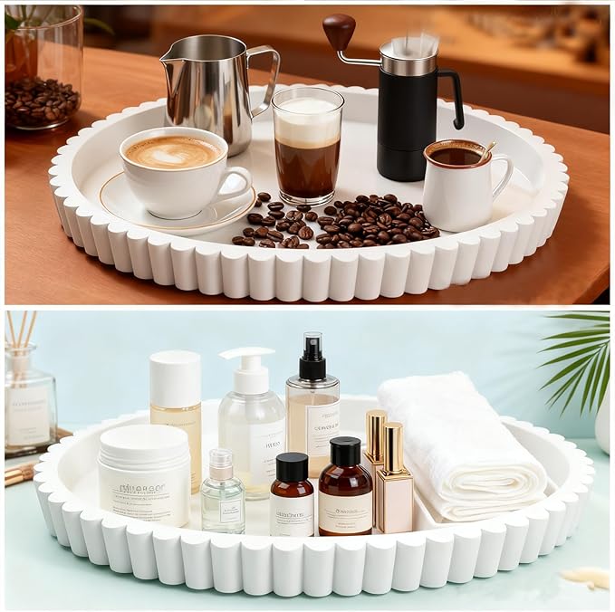 Oval Tray for Coffee Table Décor 13" Concrete Modern Decorative Trays Home Décor Accents -Circle Coffee Table Centerpieces - Island Decor Contemporary Decor Tray (White)