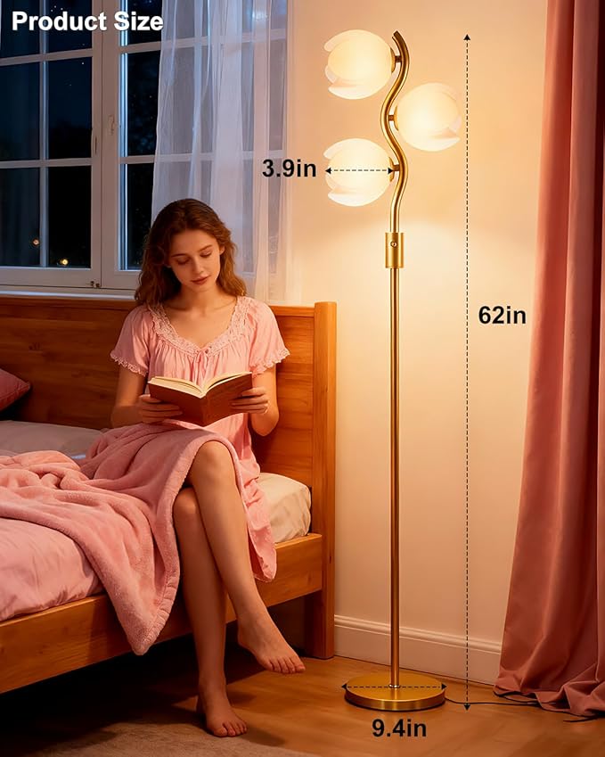 Lightdot 62IN Gold Floor Lamp Stepless Dimmable Bud-Shaped Floor Lamps with 3Pcs 3000K G9 Bulbs Eye-Friendly Mid Century Standing Lamps with Stable Base for Living Room/Bedroom/Corner/Office