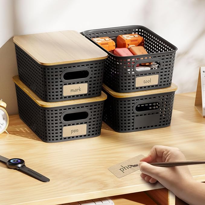 Plastic Storage Bins with Bamboo Lid - Stackable Pantry Storage Organizer with Lid - Storage Basket with Lable for Organizing: Small Storage Box for Shelves Cabinet Office Drawer Desktop 10x7x4in 6Pcs