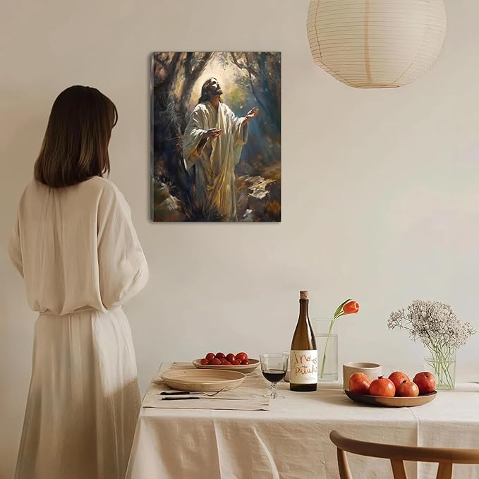 Aglcatie Jesus Canvas Wall Art Christian Wall Decor Pictures Painting Jesus Praying in the Garden of Gethsemane Printed Poster for Living Room Bedroom Church Decoration Framed 12x16 in
