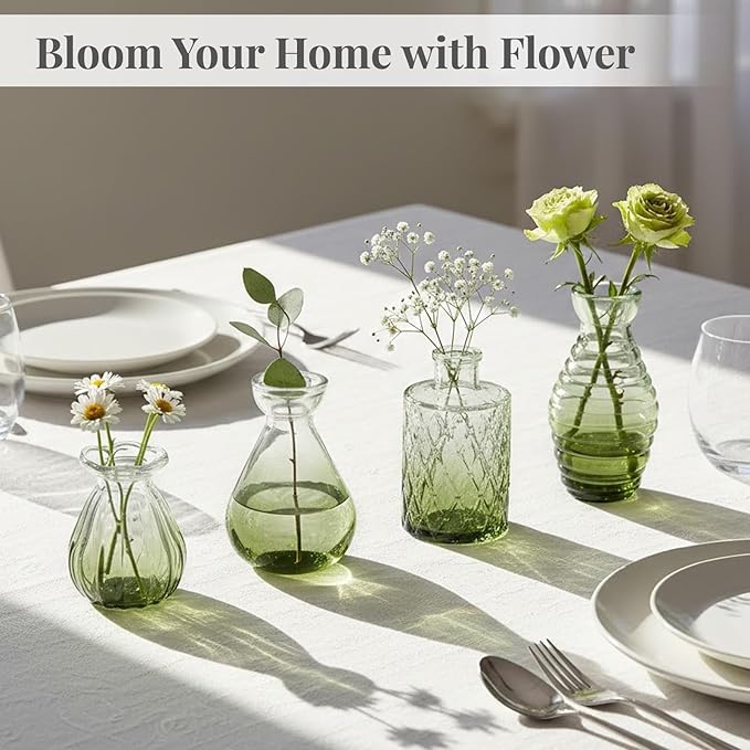 24 Pack Glass Vase in Bulk - BEAHOT Green Flower Bud Vases for Wedding Decorations, Glass Vase for Table Decorations, Small Vase for Home&Baby Shower, Mother's Day, Centerpieces, Party(Green Gradient)