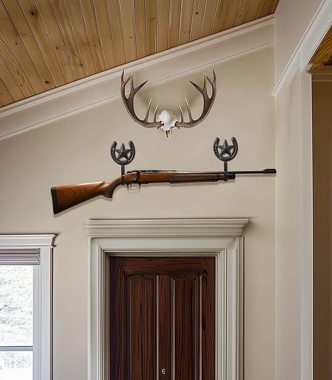 Adowes Gun Rack for Wall Western Shotgun Rifle Rack Wall Mount Metal Wall Gun Hanger Holder Display for Sword Bow Firearm Texas Star and Horseshoe