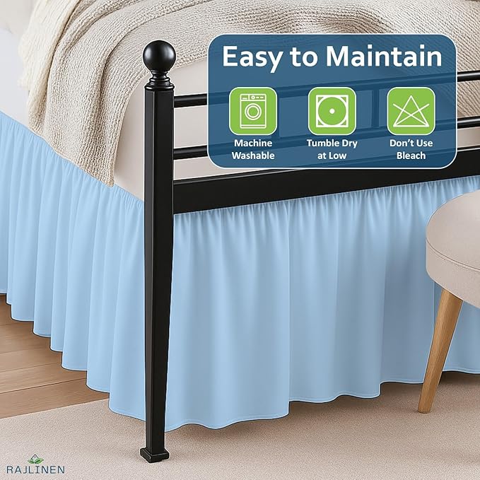Rajlinen Ruffled Bed Skirt Twin, 24 Inch Drop Dust Ruffle with Split Corners, 100% Microfiber Bedskirt with Platform, Three-Sided Coverage Ruffled Gathering Design, Light Blue