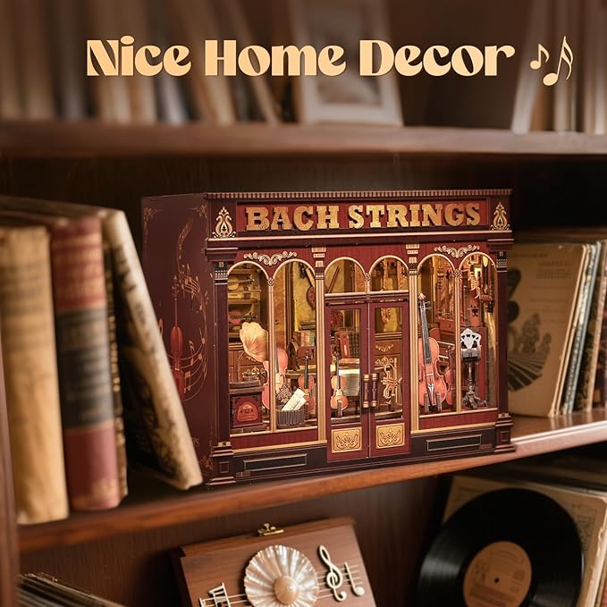 CUTEFUN Book Nook Kit - 3D Puzzle Musical Instrument Store Bookend Bookshelf Decor for Adults, Tiny House Miniature Model Building Kits, DIY Crafts Gifts for Teens & Book Lovers (Bach Strings)