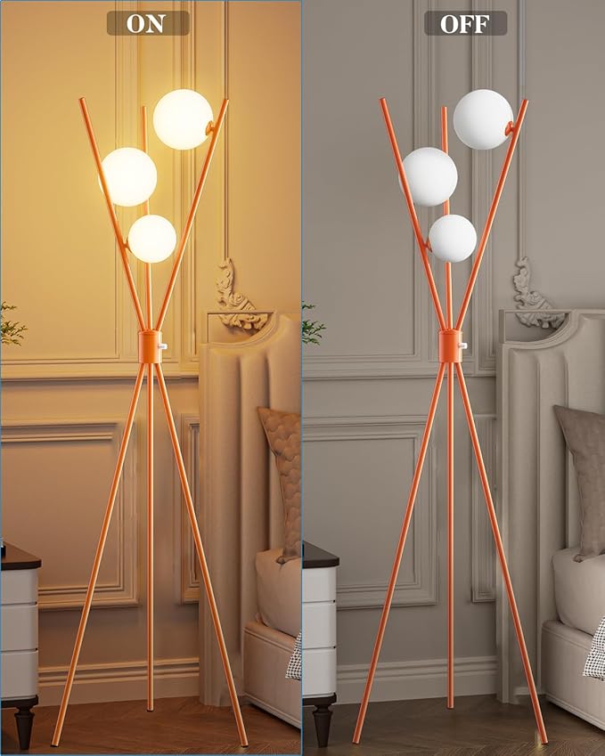 Lightdot Globe Standing Lamps Stepless Dimmable Tripod Floor Lamp with 3PCS 3000K G9 Bulbs Stable Base Orange Mid Century Modern Floor Lamp for Living Room/Bedroom