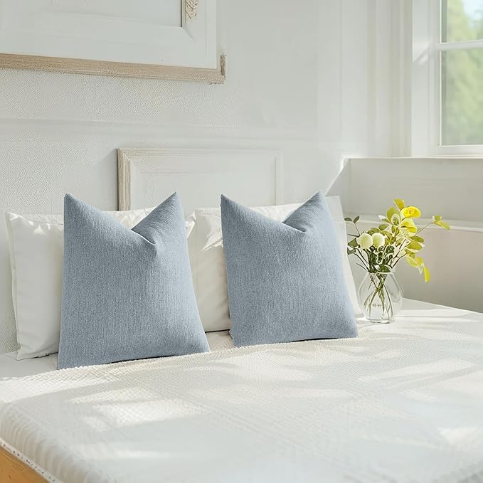 HAUSSY Denim Blue Throw Pillow Covers 12x20 Inch Set of 2,Boho Decorative Faux Linen Lumber Throw Pillows Cozy Farmhouse Accent Cushion Covers,Home Decor for Couch Sofa Bed Living Room