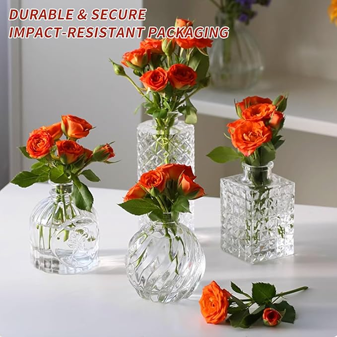 KUAGUINZUHE 12 Pcs Glass Bud Vase Set, Small Clear Vintage Flower Vases for Wedding Centerpieces in Bulk, Mini Embossed Vases for Home Table Decor, Party, Baby Shower Decorations