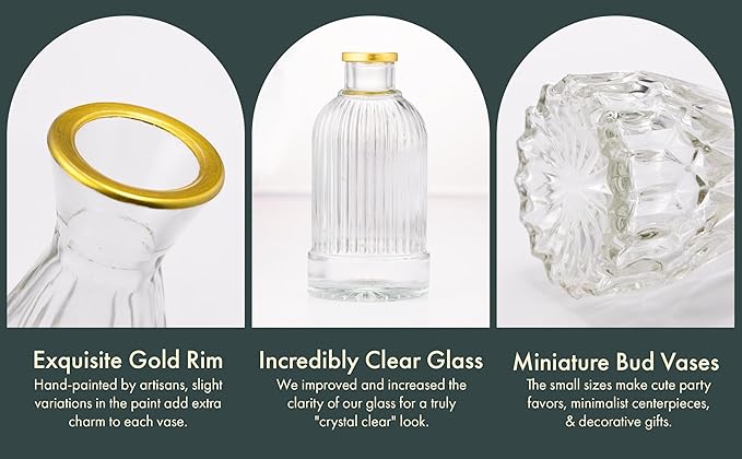 30 Pcs Premium Clear Bud Vases with Gold Rims - Small Bud Vases in Bulk for Table & Wedding Decor - Mini Vases for Flowers, Centerpieces and Home Decorations - Event Styling Vintage Vases