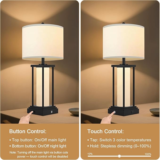 26.8‘’ Modern Table Lamps, Bedside Lamps, Night Stand Lamp, Table Lamp with USB Port, Elegant Lamps for Bedroom, 3 Color Temperatures, Stepless Dimming(Bulbs Included) - 1 Pack