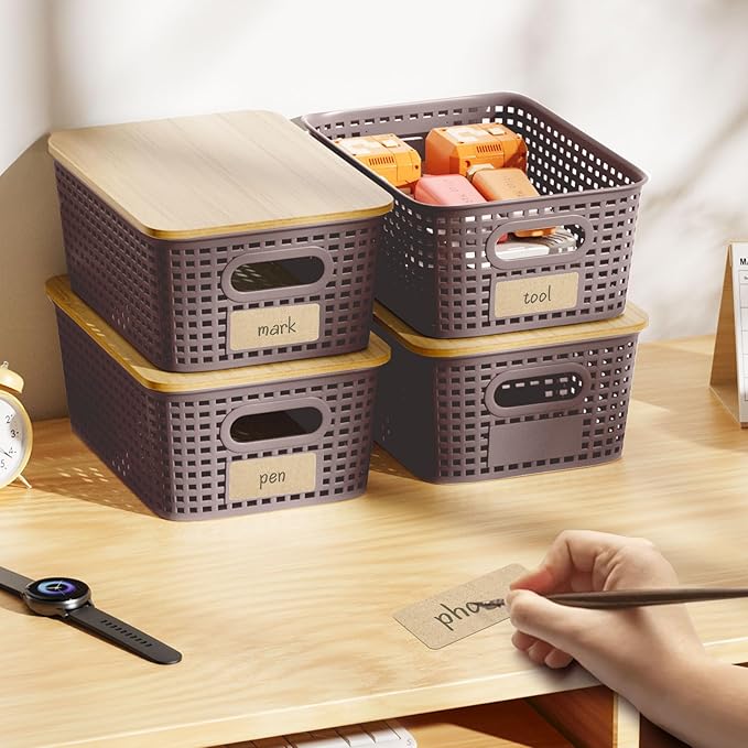 Plastic Storage Bins with Bamboo Lid - Stackable Pantry Storage Organizer with Lid - Storage Basket with Lable for Organizing: Small Storage Box for Shelves Cabinet Office Drawer Desktop 10x7x4in 6Pcs