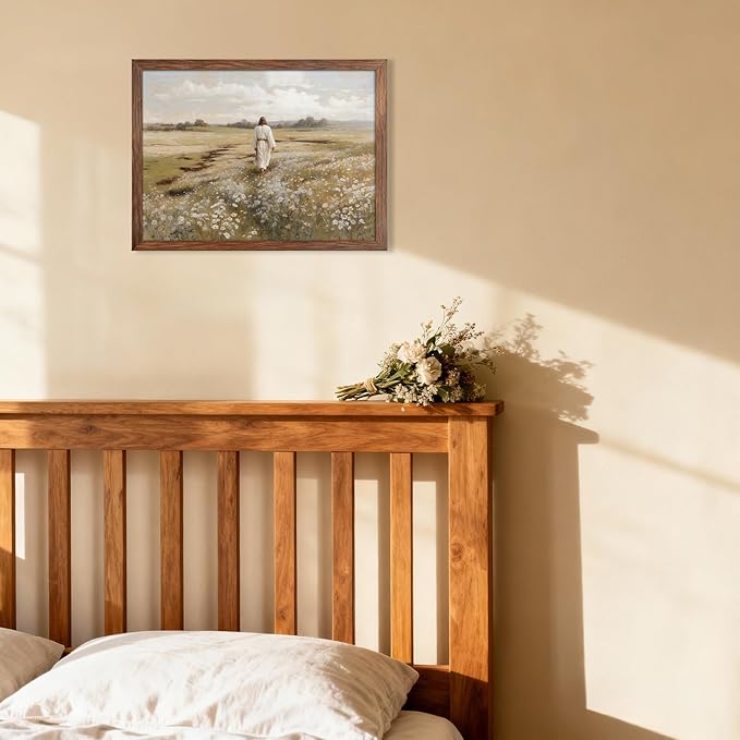 Jesus Canvas Wall Art, Jesus Walking in Field Painting, Rustic Christian Wall Decor Pictures for Living Room Bedroom Home Office Church Decoration 12x16 Inch Wood Framed