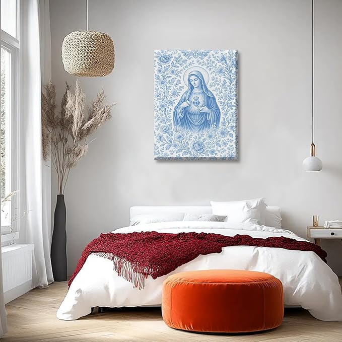 Blue Virgin Mary Immaculate Heart Canvas Wall Art Christian Catholic Wall Decor Our Lady of Guadalupe Portrait Poster Prints Religious Bible Artwork for Living Room Prayer Room Church 12x16in