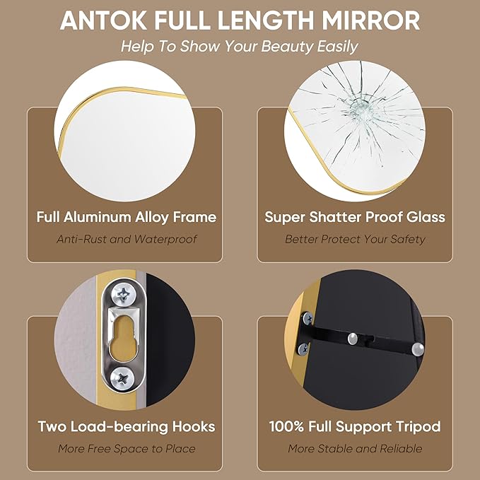Antok Full Length Mirror, 59"x22" Floor Mirror Freestanding, Arched Floor Standing Large Mirror Full Body Mirrors with Stand for Bedroom, Hanging Mounted Mirrors for Living Room, Gold