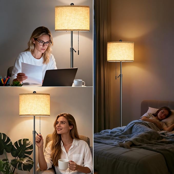 FUNNYBEHOM Floor Lamp for Living Room - Adjustable Height Standing Lamp with Marble Base & Linen Shade - Tall Pole Floor Light with 3 Color Temperatures Bulb for Bedroom, Reading - Easy Assembly