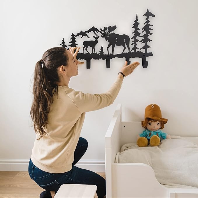 Metal Moose Coat Hooks Wall Art Decor-Moose Hangers and Key Holder-Clothes Hat Rack-Animal Theme Hooks Sweet Home Decor for Storage, Living Room, Hallway, Office (Black)