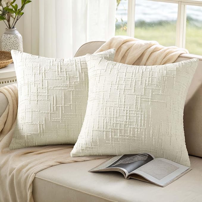 decorUhome Spring Cream White Chenille Euro Sham Throw Pillow Covers 22x22 Set of 2 Textured Slubby Couch Pillow Covers Farmhouse Accent Modern Neutral Decorative Pillow Cases for Bed Sofa Living Room