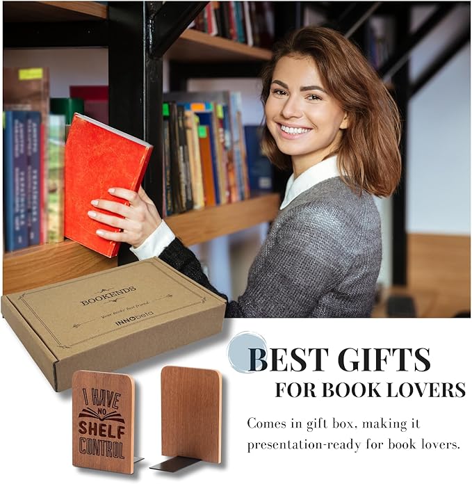 Book Lovers Gifts, Novelty Bookends Unique, Gifts for Book Lovers, Heavy Duty Wooden Book Ends for Shelves Decorative(1 Pair, 4.72x6.69 Inches) - No Control