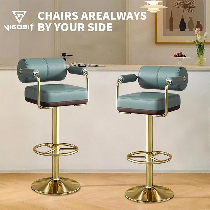 Extra Tall Bar Stools Swivel Counter Height Chair for Kitchen Island Modern Black Leather Adjustable Barstool with Arms,Green