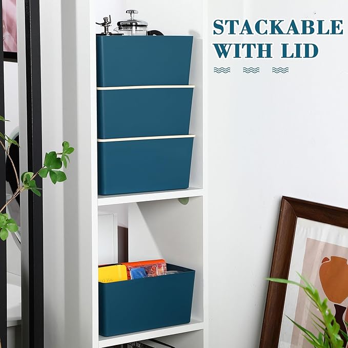Menkxi 4 Pcs Storage Bins with Lids Plastic Stackable Containers for Organizing Shelves Christmas Ornament Box Baskets(Blue,Large)