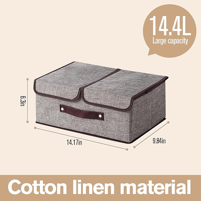 Linen Storage Boxes with Removable Dividers, 2-Pack Large Foldable Organizer Bins, Gray Fabric Containers with Handles for Clothes, Blankets, Underwear Storage (Grey, 2Pack*15L)