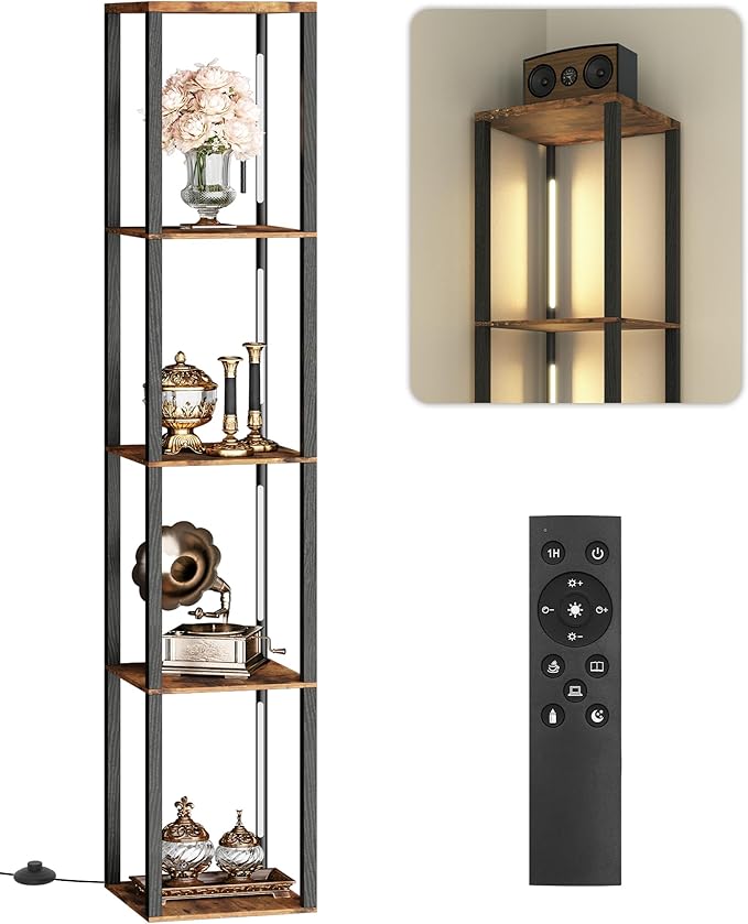 GOEBLESON 64.2" Display Shelf with Light, Modern Corner Floor Lampe with Shelves, LED Dimmable Standing Lamp with Remote for Living Room, Bedroom, Office, Adjustable CCT, Rustic Brown Square F51LD05