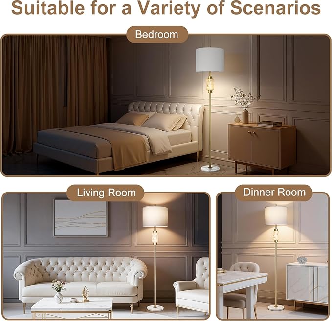 KIVDITZO Floor Lamps for Living Room with Night Light, Alabaster Standing Lamp with Linen Shade, Rotary Switch, Marble Tall Lamp, Gold Floor Lamps for Bedroom Living Room Office (Bulb Included)