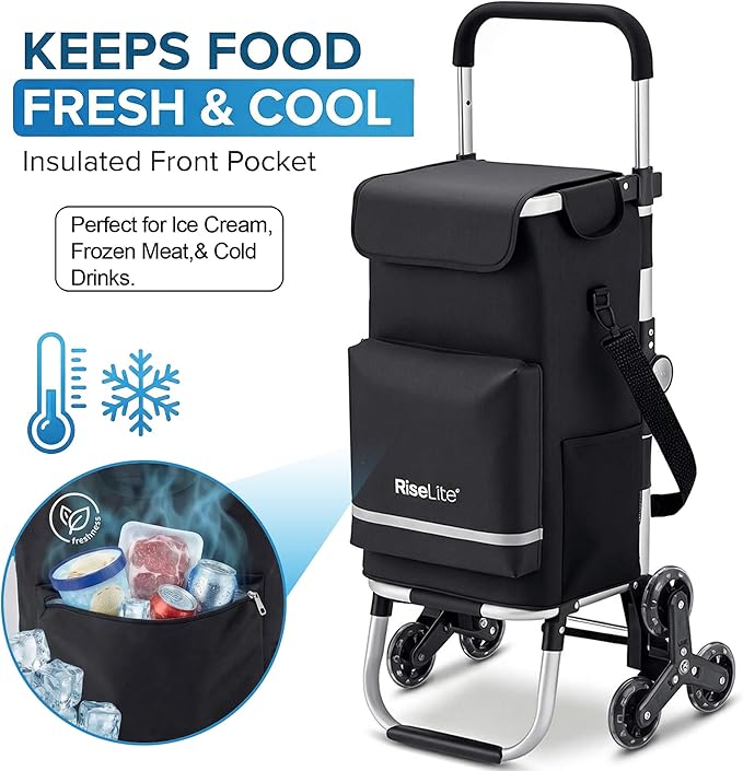 Stair Climbing Shopping Cart for Seniors, Tri-Wheel Grocery Cart for Stairs & Apartments, Foldable Utility Trolley with Insulated Cooler & Adjustable Handle, 110 lbs, Waterproof