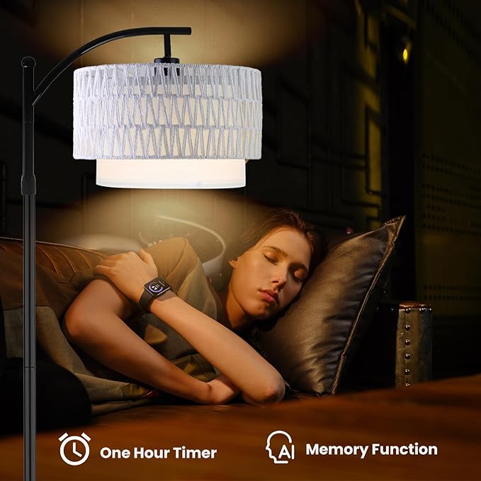 Yusist Arc Floor Lamp for Living Room,Farmhouse Floor Lamps with Remote Control & Dimmable Bulb,White Rattan Boho Tall Standing Lamp for Bedroom Office