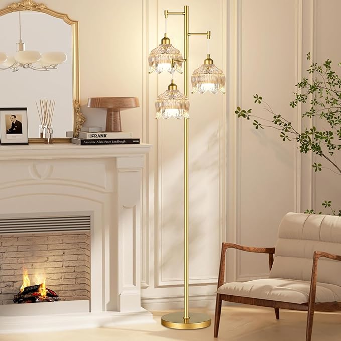 ZECOXOL Gold Floor Lamps for Living Room Bedroom-3 Light Glass Floor Lamp with Three Led Bulb,Mid Century Standing Lamp Vintage Brass Tall Lamp Tree Floor Lamp for Bedroom Corner