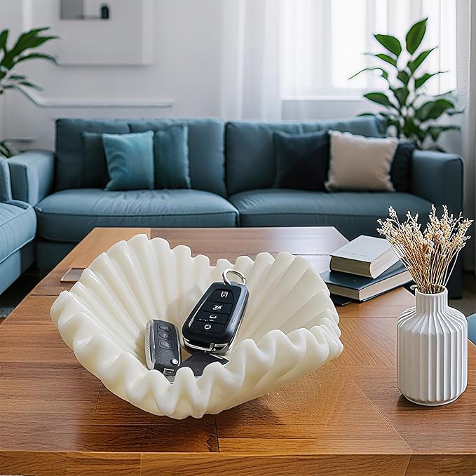 Large Decorative Bowl Kitchen Counter - 11" White Coffee Table Key Bowl Décor Scalloped Ruffle Centerpiece Bowl Elegant Wavy Edge Perfect for Housewarming &Wedding Gift 11*11*4.4 inch LC Lcdecohome