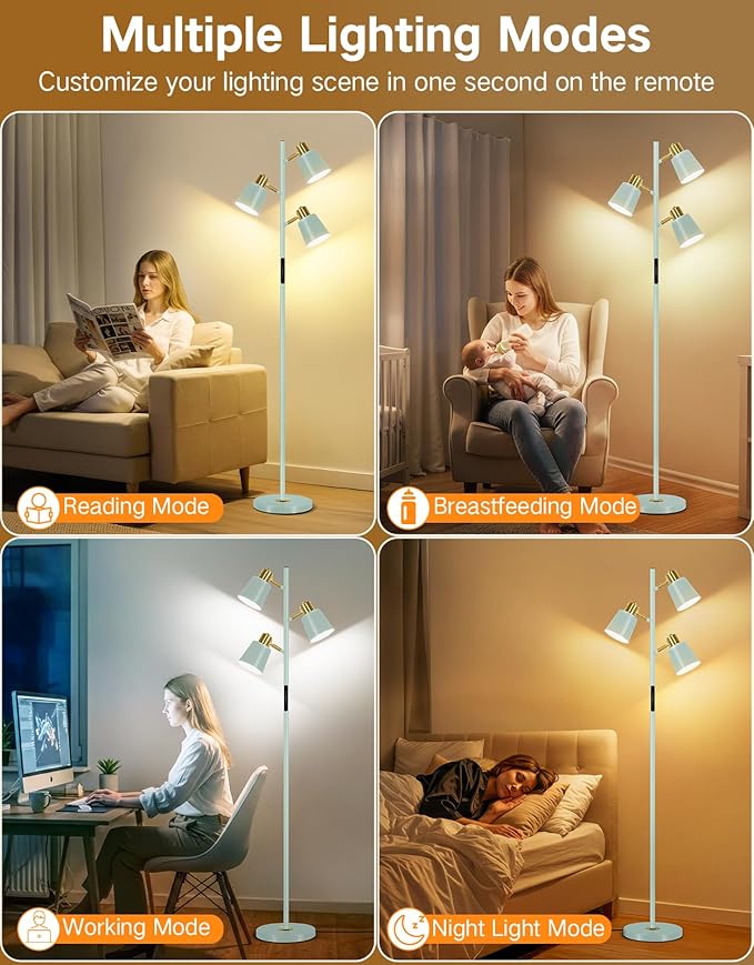 OUTON LED Tree Floor Lamp, Modern Dimmable Standing Lamp with Remote & Touch Control, 4 Color Temperatures, 3 Rotatable Lights Floor Lamps for Living Room, Bedroom, Office, Teal & Gold
