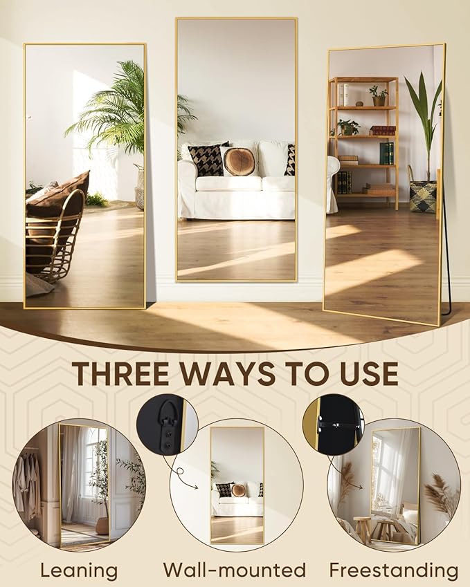 Antok Full Length Mirror, 58"x21" Floor Mirror with Stand, Hanging Mounted Mirrors for Bedroom, Living Room, Cloakroom, Dining Room, Gold, Rect