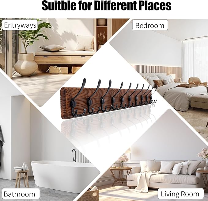 Rustic 38.6" Large Coat Rack Wall Mount, Long Wood Coat Hooks with 10 Triple Hooks, Heavy Duty Wooden Coat Hanger Wall Mount for Entryway, Farmhouse Hanging Jackets, Coats, Hats, Bags,Towel
