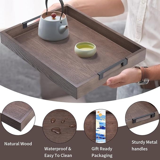 Large Rectangular Ottoman Tray for Living Room,Solid Wood Brown Coffee Table Trays 17x13 Inch Decorative Storage Acacia Wood Serving Tray with Handles for Breakfast in Bed, Dinner Food Kitchen-Natural