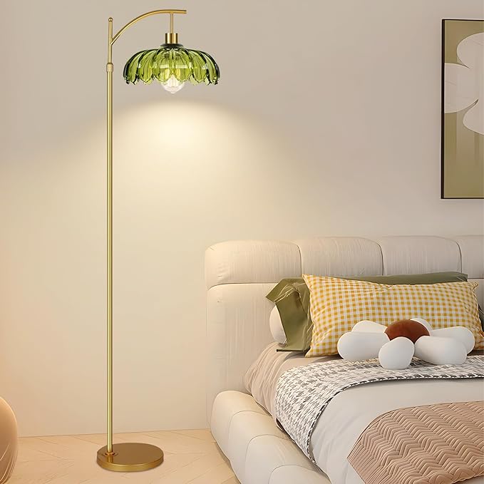 ZECOXOL Gold Floor Lamps for Living Room Vintage Green Floor Lamp with Remote Control & Glass Lampshape,Dimmable Mid Century Modern Standing Lamp Tall Flower Lamp Brass Floor lamp for Bedroom Corner