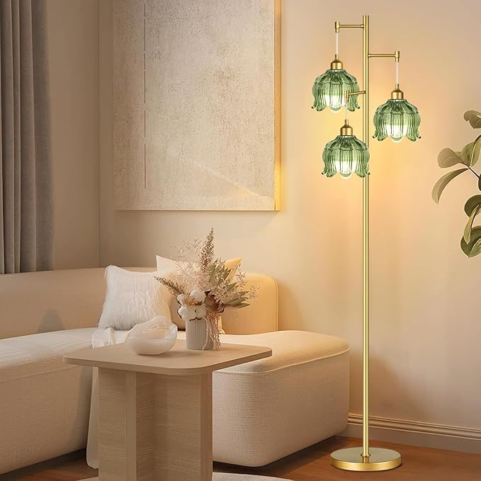 WLQCWL Vintage Floor Lamps for Living Room Bedroom-3 Light Gold Floor Lamp with Glass Lampshape, Flower Green Tall Lamp Mid Century Modern Standing Lamp Tree Floor Lamp for Bedroom Living Room Corner