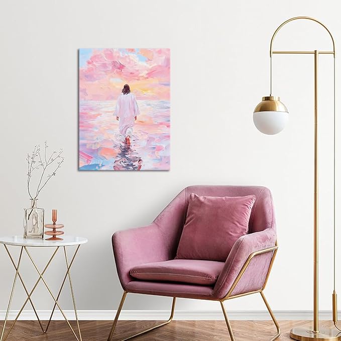 Pink Jesus Walking On Water Wall Art Religious Christian Oil Painting Canvas Wall Decor Religious Savior Poster Aesthetic Pictures for Living Prayer Room Church Bedroom 12x16 in Framed