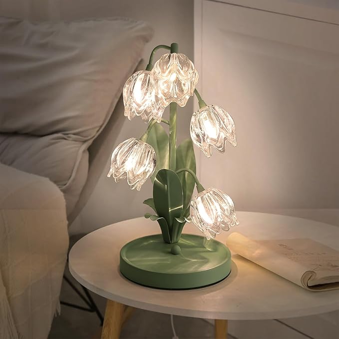 Glass Flower Table Lamp,5 Lily of The Valley Bedside Lamps,3 Color Modes Desk Lamp with G4 Led Bulbs for Home,Living Room,Bedroom,Night Stands,Decor