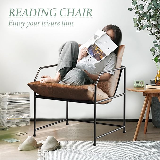 YEEFY Accent Chair Living Room Chairs Comfy Reading Chair for Bedroom Upholstered Lounge Chair Mid Century Modern Armchair Accent Chairs for Living Room Faux Leather Sofa (Brown, 1)