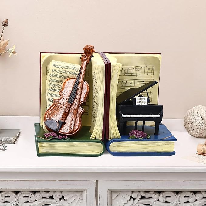 Vintage Music Book Ends for Shelves, Book Ends for Heavy Books, Deluxe Piano and Violin Decorative Bookends, Heavy Duty Bookends for Large Books, Vintage Book Stopper for Music Lovers