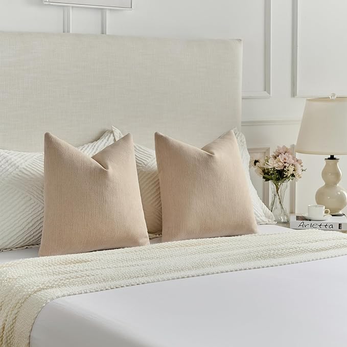 FUTEI Dusky Pink Chenille Decorative Throw Pillow Covers 16x16 Inch Set of 2,Soft Cozy Faux Linen Textured Cushion Case,Farmhouse Home Decor for Couch Living Room