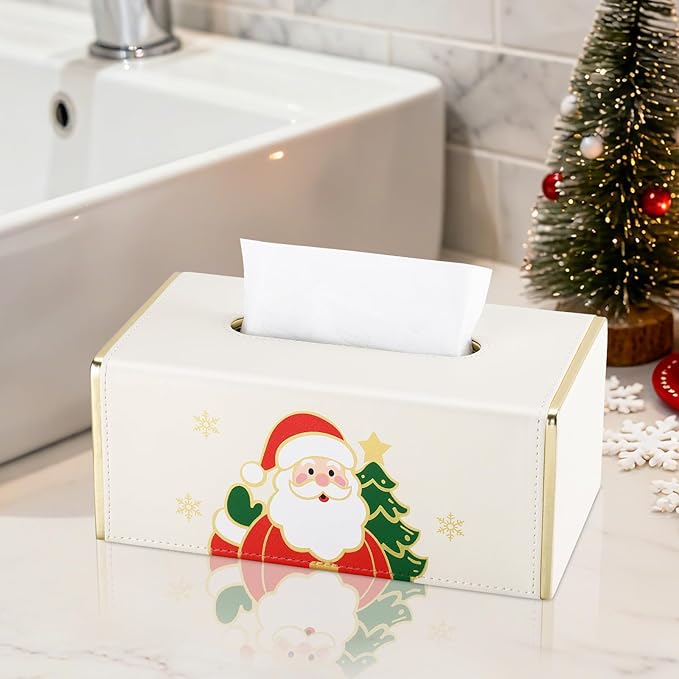 GORESE Christmas Tissue Box Cover for Kleenex, Rectangle Santa Print Tissue Box Holder, PU Leather Christmas Decorative Tissue Covers for Countertop, Xmas Gift for Women and Men