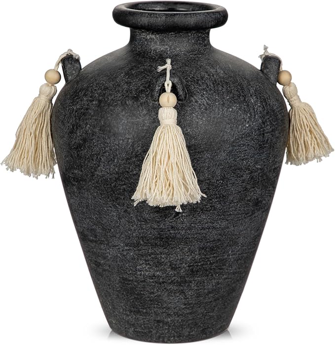 Large Decorative Ceramic Vase with Tassels, 9.4" Black Vintage Flower Vase with Handles, Textured Rustic Farmhouse Vases for Home Decor, Table Centerpiece, Living Room, Entryway, Wedding, Party Decor