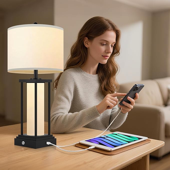 Living Room Table Lamps Set of 2, Bedside Lamps, 26.8‘’ Modern Table Lamps, Night Stand Lamp, Table Lamp with USB Port, 3 Color Temperatures, Stepless Dimming(Bulbs Included)