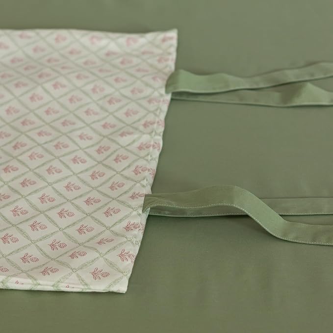 Pink Flower Duvet Cover Queen Green Plaid Grid Duvet Cover 100% Cotton Floral Cottagecore Bedding Set Queen with 2 Bow Ties Pillowcases Vintage Aesthetic Girls Comforter Cover with Zipper Closure