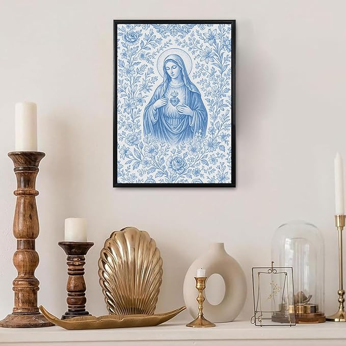 Framed Blue Virgin Mary Immaculate Heart Canvas Wall Art Christian Catholic Wall Decor Our Lady of Guadalupe Portrait Poster Prints Religious Bible Artwork for Living Room Prayer Room Church 12x16in